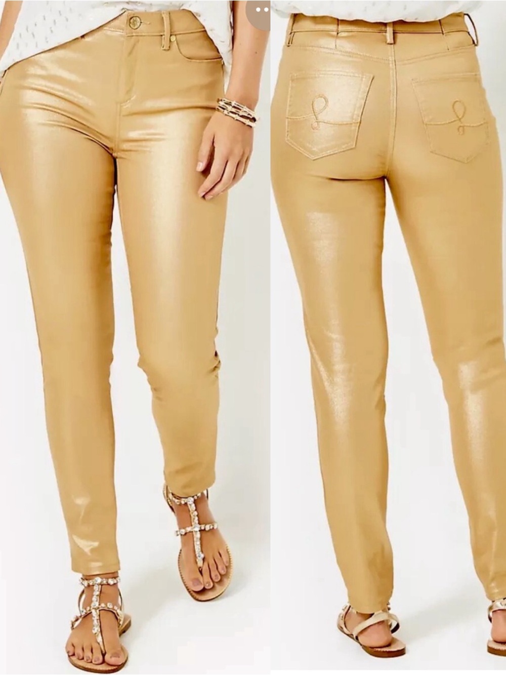 Lilly Pulitzer Eagan High Rise Shimmer Skinny Denim Jeans Gold Metallic